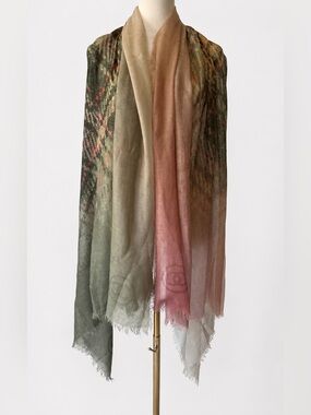 Rare CHANEL Cashmere Ombre Plaid Shawl Scarf Pink Sage Gray Large CC New
